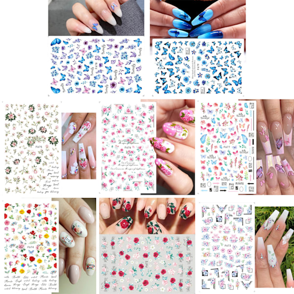 8 ark Blå Fjäril 3D Nagelkonst Dekaler för DIY