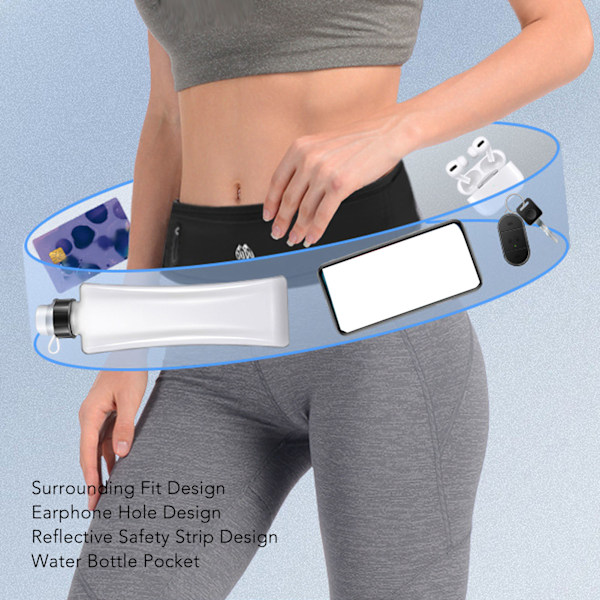 Löparbälte med Flera Fickor Jogging Midjeväska 60‑85cm Justerbar Bekväm för Utomhus Svart