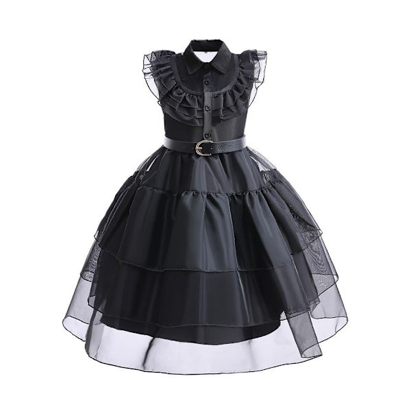 Halloween Wednesday Addams cosplay barnklänning i svart chiffong Type A 140cm