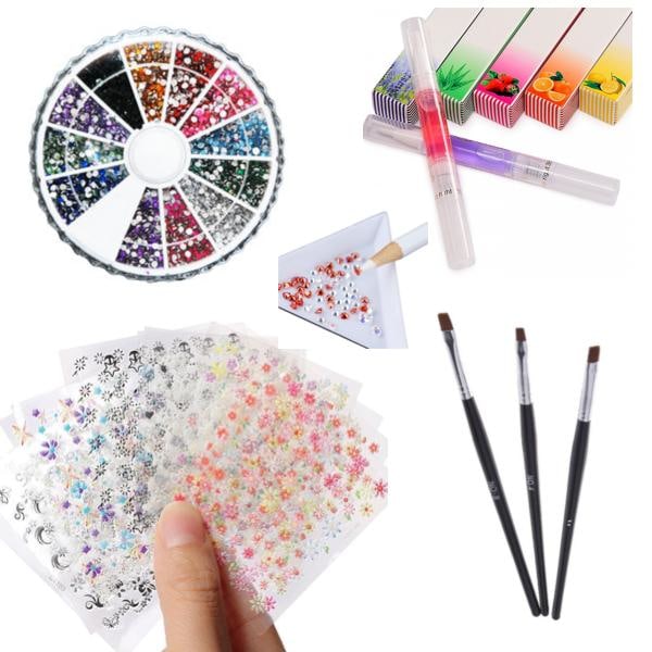 Nagelset - Dekorationsset - Strass, Nageldekaler Flerfärgade