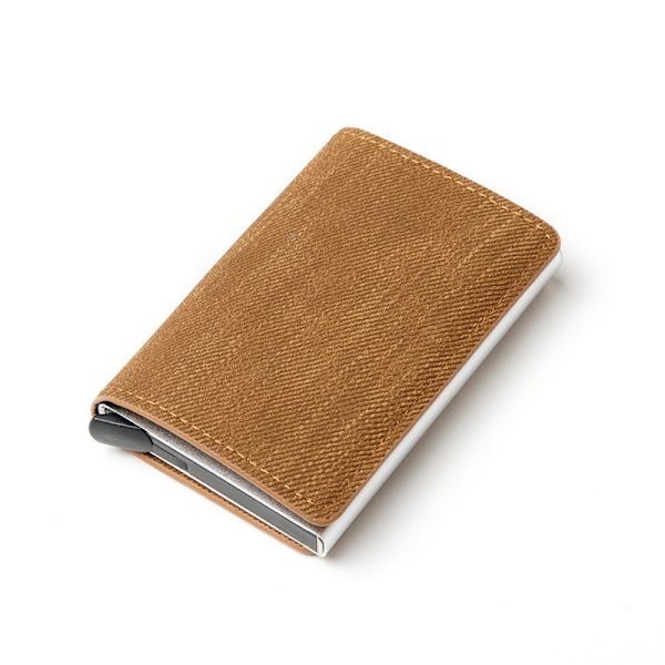Mankortplånbok RFID Automatisk Pop-Up Kreditkortshållare Metall Antimagnetisk Kortplånbok PU Pengklämma Kortfodral Denim Brown