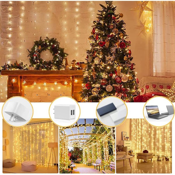 LED-ljus? 3 x 3m, 300 LED Light Loop 8 Mode, USB Light Loop Gardin med fjärrkontroll, jul Warm White