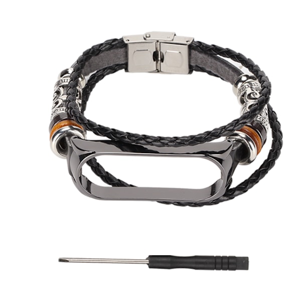 Läderarmband Kompatibelt med Xiaomi Mi Band 6 Armband Etnisk Stil Retro Urband Armband Svart och Svart