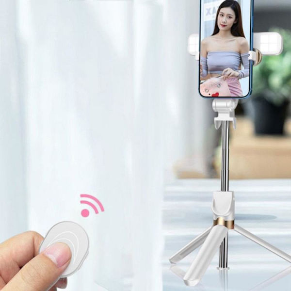 Selfiestick / Stativ Fjärrkontroll med LED-lampa - Vit