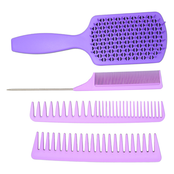 4-pack Hårförlängningsborste Set - Enkel Avtrasling, Svanskam, Bredtandad Kam, Hårförlängningsset för Styling - Lila Förpackning