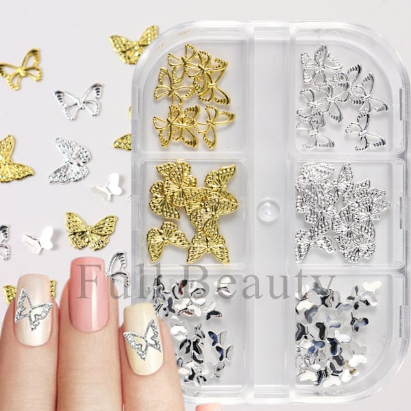 3-pack Guld och Silver Fjärils Nageltillbehör 6-Ruts Box Set 3pcs