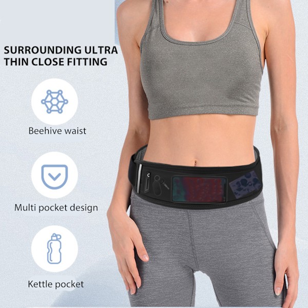 Löparmidjeväsk Multipla Fack Elastisk Andningsbar Tunn Lätt Jogging Midjebälte med Reflekterande Remsa Svart