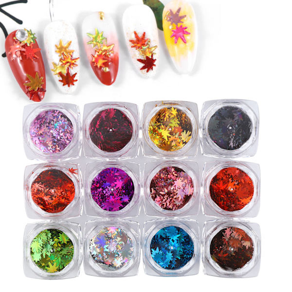 12 Färger Lönnlövformade Nagelkonstpaljetter Nagel-DIY Dekoration Glittrande Pailletteqt0273