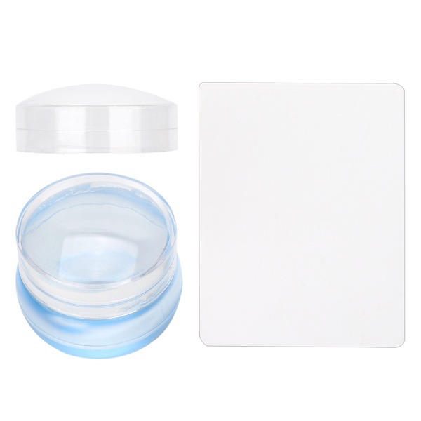 2 st Silikon Nagelstempel med Skrapa Nagelsmyckes Dekorationsverktygssats (Transparent Blå)