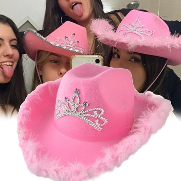 Rosa Cowboyhatt i Filt med Halsbandssnöre Cosplay Party Kostymtillbehör Lekkläder för Kvinnor