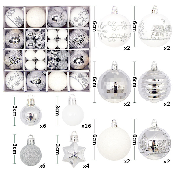 Julkula 44st målad formad papperslåda 3-6 cm kostym juldekorationer Galvanisering kulhänge Silver White