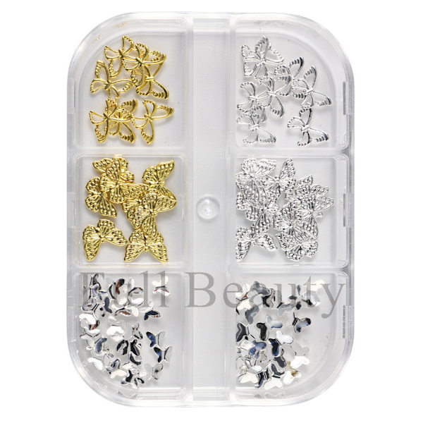 3-pack Guld och Silver Fjärils Nageltillbehör 6-Ruts Box Set 3pcs