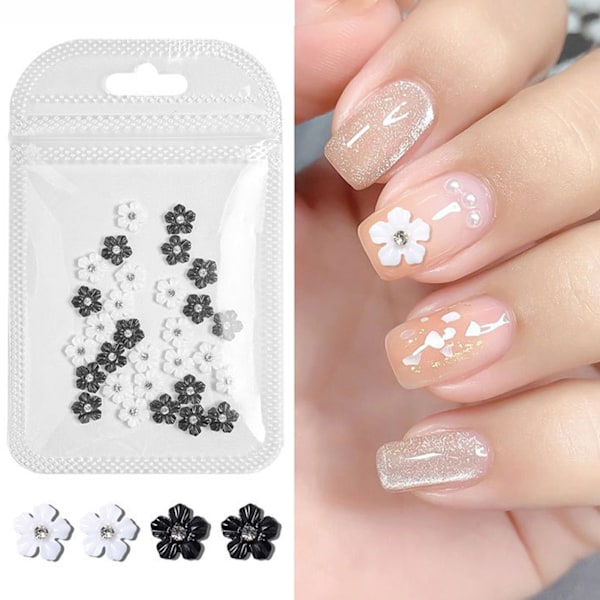 3D Blomster Nagelkonst Dekorationer Svart Vit 5-bladig Blomster Nagel Ornament för DIY Nagel Dekoration