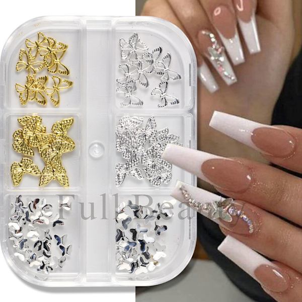 3-pack Guld och Silver Fjärils Nageltillbehör 6-Ruts Box Set 3pcs