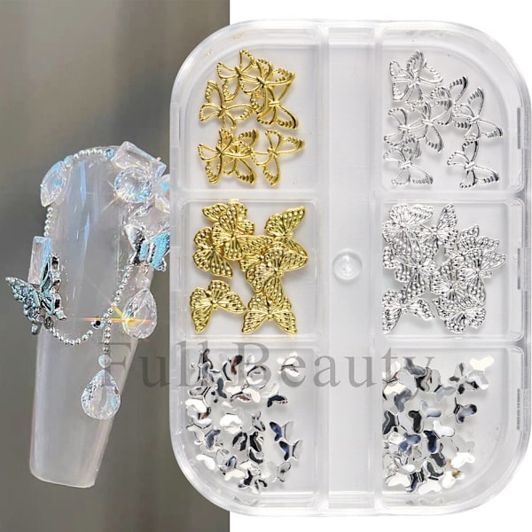 3-pack Guld och Silver Fjärils Nageltillbehör 6-Ruts Box Set 3pcs