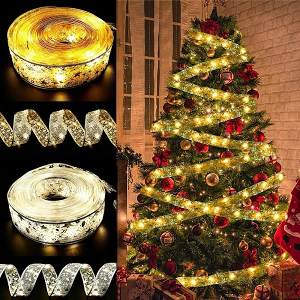 LED-band med blinkande ljus för jul, festivaler, födelsedagar och presentaskar 3.8-Silver Ribbon- Warm Color 5M50led-Battery