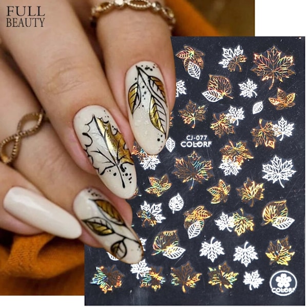 3 st Nail Stickers Svart Guld Lönnlöv Fjädrar A