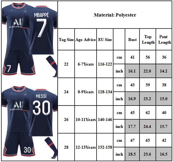 Barn tröja nr 30 Messi nr 7 Mbappé nr 10 Neymar Jersey Suit 30 S