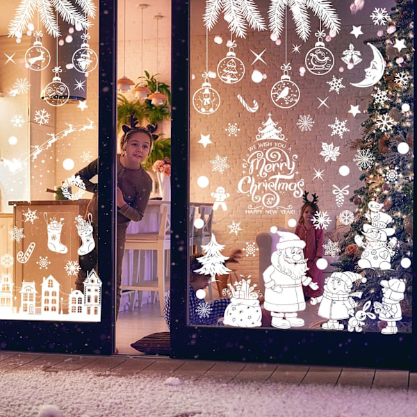 Christmas Static Window Stickers Display Window Glas Stickers White Snowflake Älg Julgransklistermärken 1