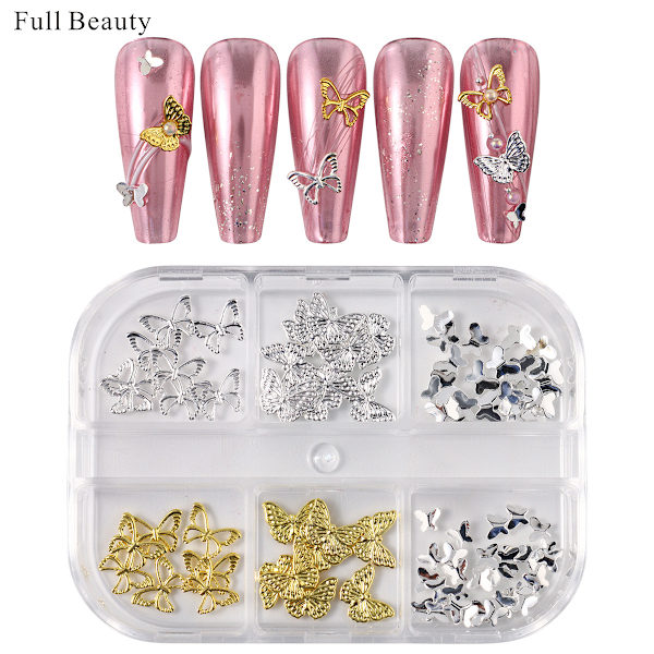 3-pack Guld och Silver Fjärils Nageltillbehör 6-Ruts Box Set 3pcs