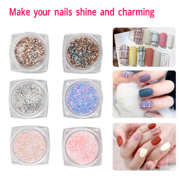 6 Burkar Nagelsugarpulver DIY Glitter Nagelkonst Ullpulver för Fingrar och Tår