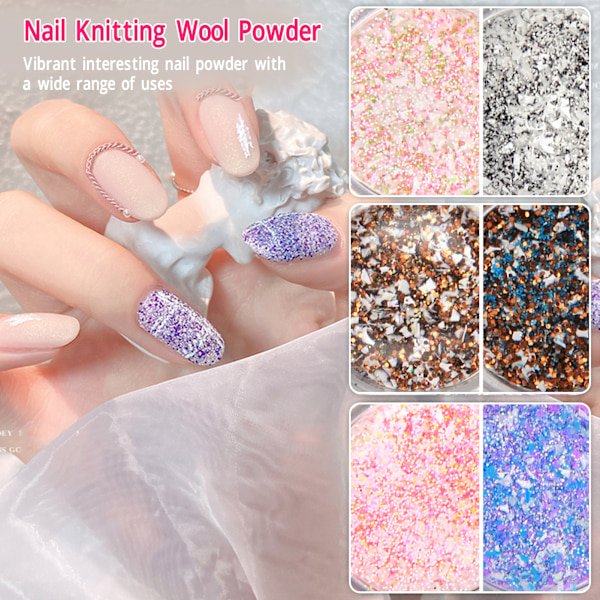 6 Burkar Nagelsugarpulver DIY Glitter Nagelkonst Ullpulver för Fingrar och Tår