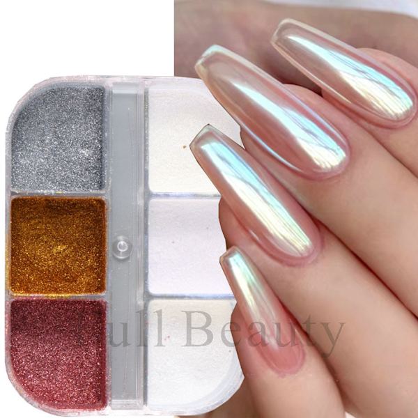 3 st Nail Glitter Magic Mirror Aurora Iridescent Puder Pärlpuder 3