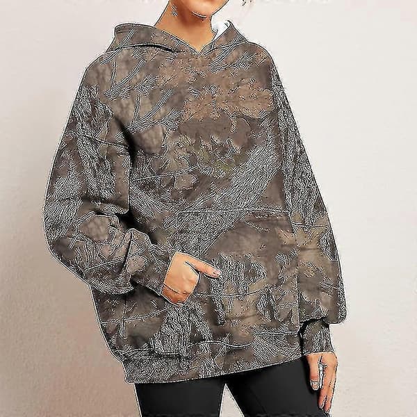 Camo hettegenser for kvinner, trykt oversized fleecegenser, avslappet pullover med lommer coffee 2XL