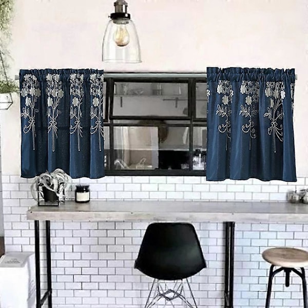 Ensfarvet blomstermønster køkken kort gardin kappe gardin vindue boligindretning Navy Blue S