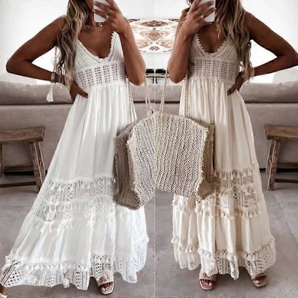 Strandklänning Utskuren Spets Sommar V-ringad Lång Klänning för Fest White 2XL
