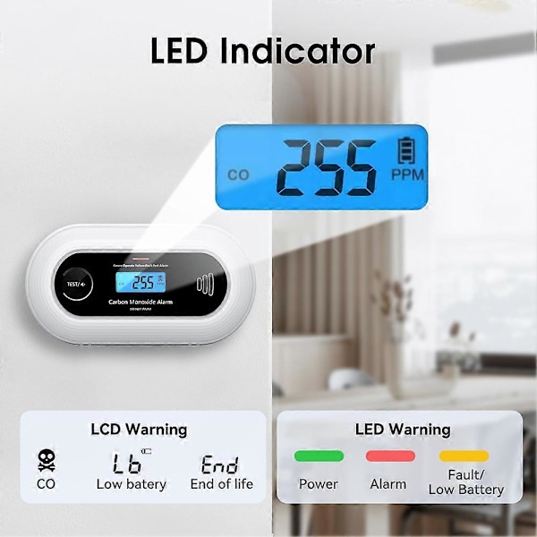 Bärbart CO-larm med digital LCD-display, för hem, kontor och resor