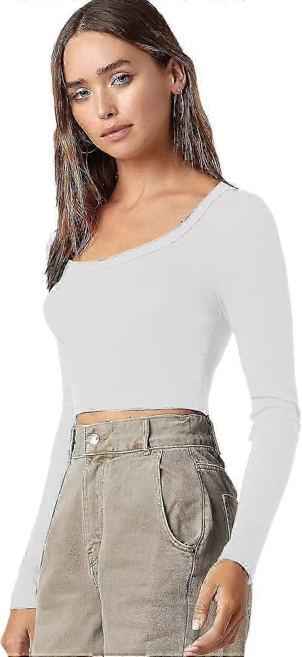 Basic, ensfarget, elastisk crop top med rund hals og lange ermer for kvinner White Medium