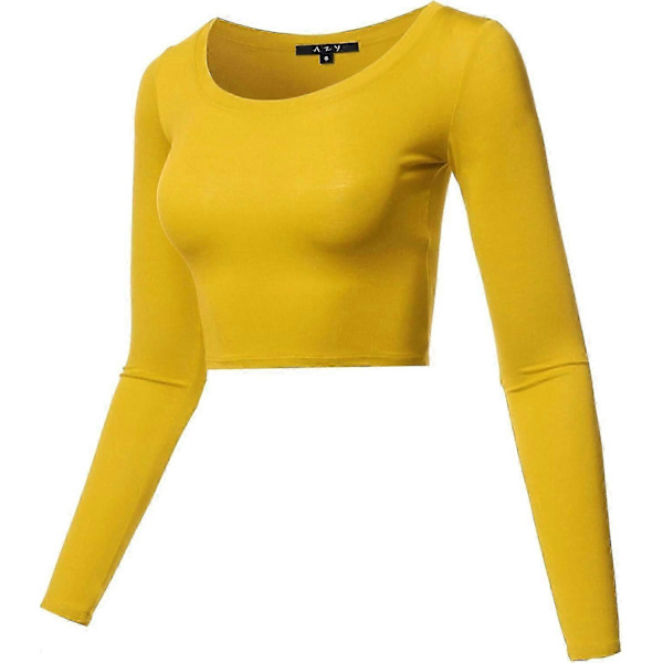 Basic, ensfarget, elastisk crop top med rund hals og lange ermer for kvinner Rayon - Mustard Medium