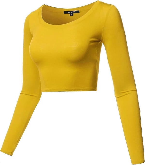 Basic ensfarvet stretch top med rund hals og lange ærmer til kvinder Rayon - Mustard Medium