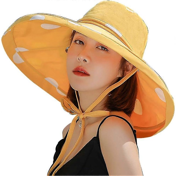 Solhatt för damer med bred brätte Upf 50+ Sommarhatt Vikbar Floppy Strandhatt För Kvinnor - Prickig Gul