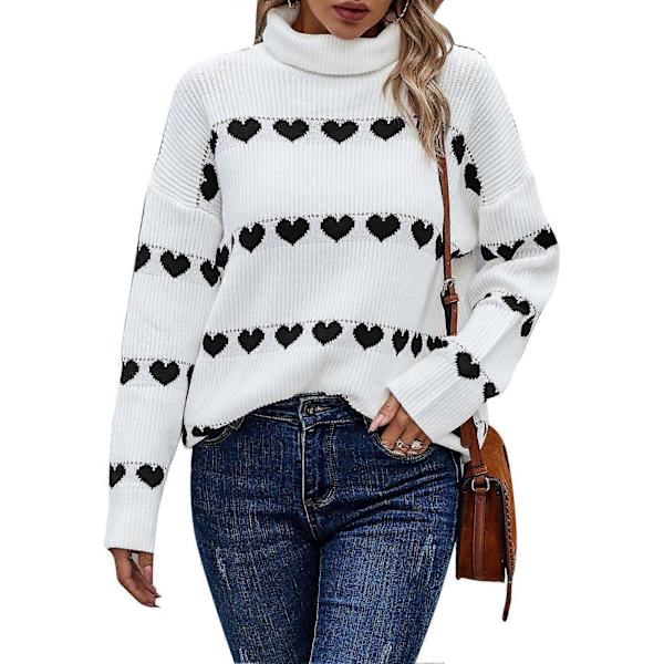 Dame Turtleneck Sweater Afslappet Mode Sød Langærmet Hjerte Pullover Sweaters til Efterår Vinter Hvid Baggrund Sort Hjerte XL