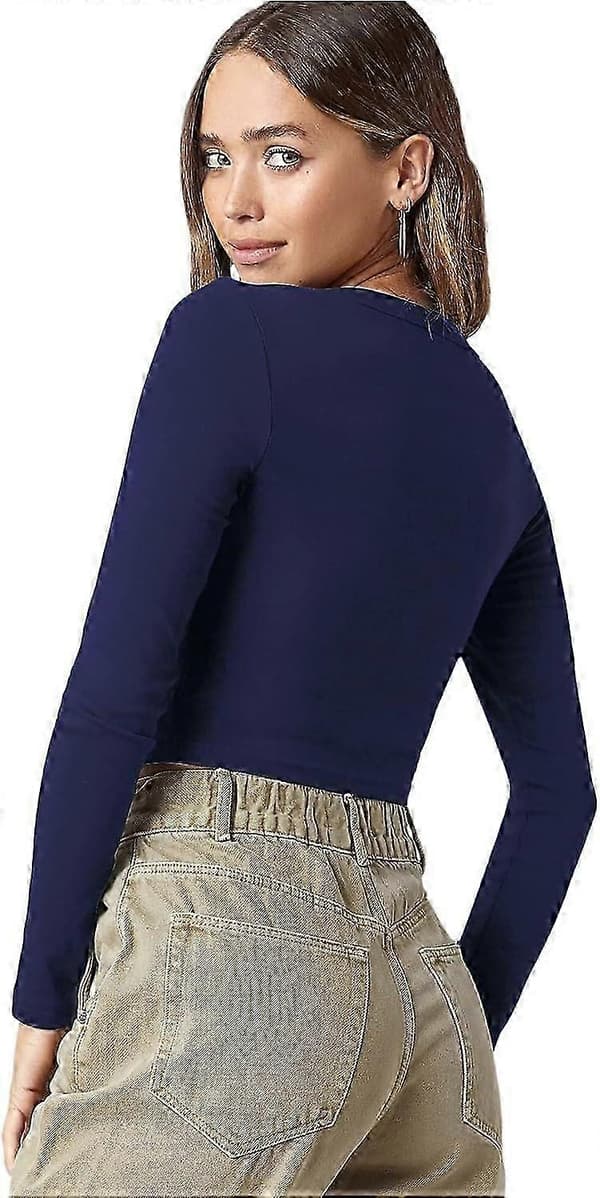Basic, ensfarget, elastisk crop top med rund hals og lange ermer for kvinner Navy Small