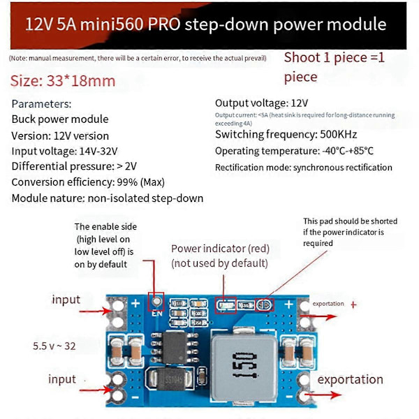 DC-DC Mini560 Nedtransformator Reglerad Strömförsörjningsmodul Utgång 12V
