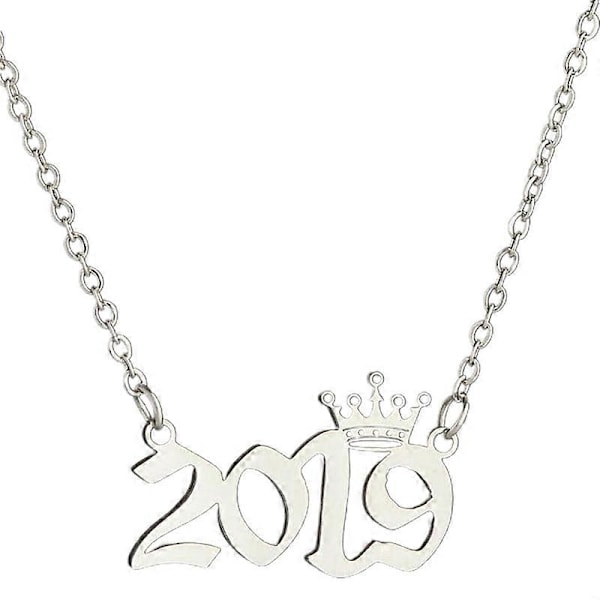 Halsband med Årtalshänge Krona Rostfritt Stål Utsökt Kedja Damhalsband Födelsedagspresent Silver 2019