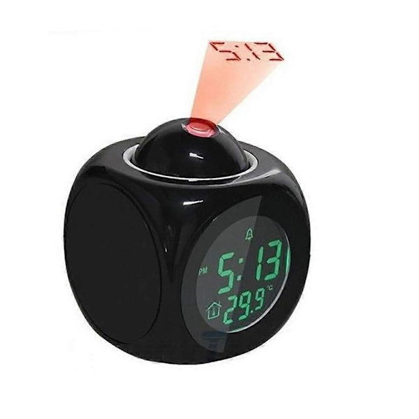 Multifunktionell projektionsväckarklocka med LED-röstfunktion, digital väckarklocka 12/24 timmar med snooze och timvis klockspel (svart)