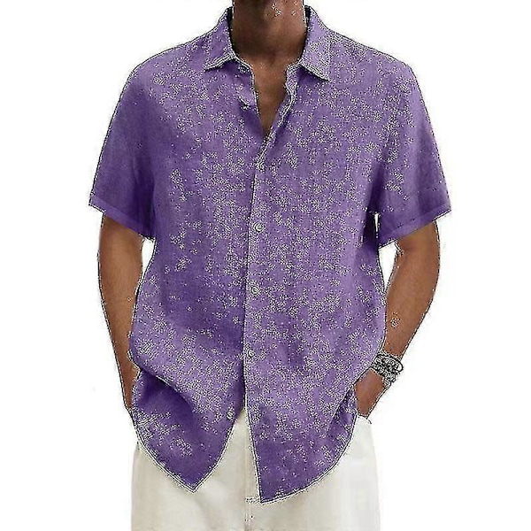 2025 Bomulls- och linneblus Sommar Herr Nedvikt Krage Kortärmad Knapp Lös Blus Toppar Oversized S-5xl purple 4XL