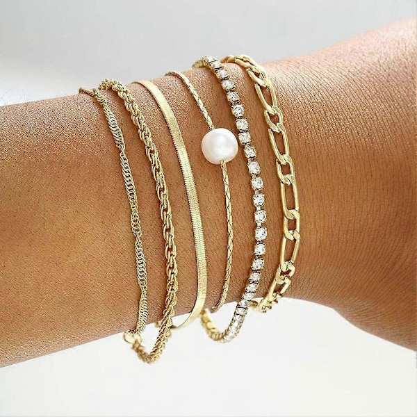 Mode Rhinestone Kristall Pärla Orm Twist Kedja Guld Armband För Kvinnor
