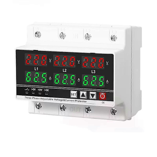 3-fas Justerbart Över- och Underspänningsskydd Voltmeter Amperemeter Monitor 3P4W Din-skena Strömgräns Skydd 100A
