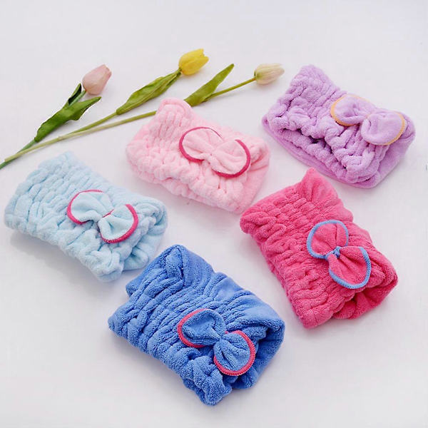 Hårduk med rosett, korallfleece, elastisk badmössa (Rosa rosett, slumpmässig färg på bandet)