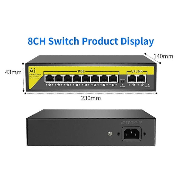 48V 8-portars POE Switch Ethernet 10/100Mbps IEEE 802.3 Af/At för IP-kamera/CCTV Säkerhetskamerasystem/Trådlös AP EU-kontakt