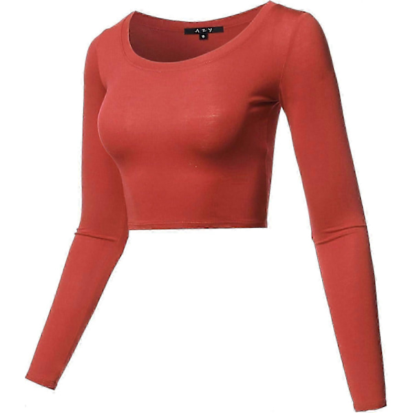Basic, ensfarget, elastisk crop top med rund hals og lange ermer for kvinner Rayon - Rust Large