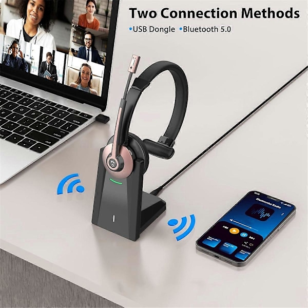 Trådlöst headset, Bluetooth-headset med brusreducerande mikrofon, Trådlöst headset med USB-dongel för hemmakontor
