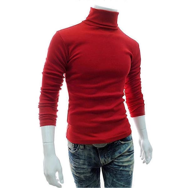 Fianao Herre Efterår Vinter Ensfarvet Rullekrave Bomuld Pullover Tynd Undertrøje Red M