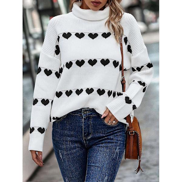 Dame Turtleneck Sweater Afslappet Mode Sød Langærmet Hjerte Pullover Sweaters til Efterår Vinter Hvid Baggrund Sort Hjerte XL
