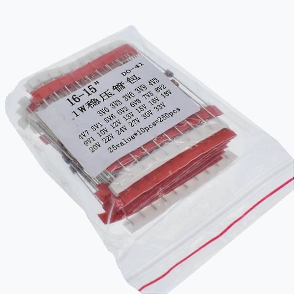 250 st 1W Zenerdiod Assorterad Kit 3V-33V, 25 Värden Assorterad Set
